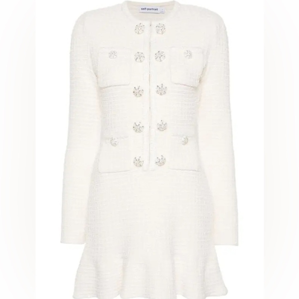 Self Portrait Cream Button Knit Mini Dress